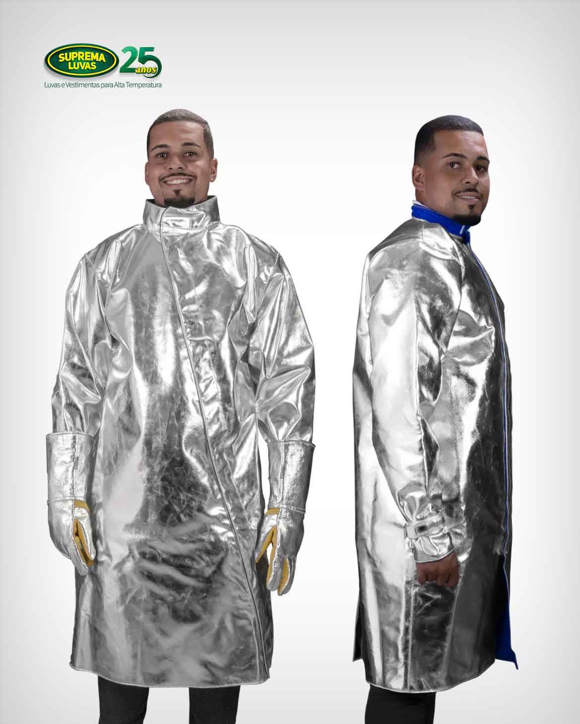 trabalhadores usando capa aluminizada para proteção térmica do tronco e membros superiores