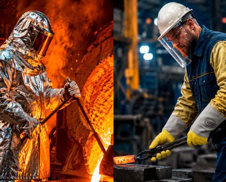 montagem com dois trabalhadores em ambiente siderúrgico. à esquerda, um trabalhador vestindo uma vestimenta aluminizada, lidando com metal fundido. à direita, um trabalhador usa capacete, protetor facial, jaqueta azul e luvas de aramida segurando uma barra de metal quente com uma tenaz. a imagem ilustra visualmente a escolha entre epis aluminizado ou aramida para proteção térmica.