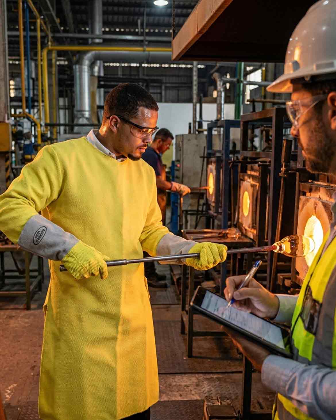 trabalhador com epis de aramida em operação de alta temperatura na indústria do vidro acompanhado por profissional de sst