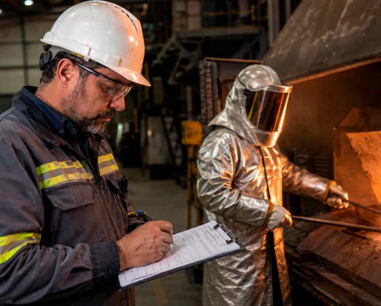 profissional de sst com prancheta realizando inspecao de nr 28 em trabalhador usando EPIs aluminizados em forno industrial