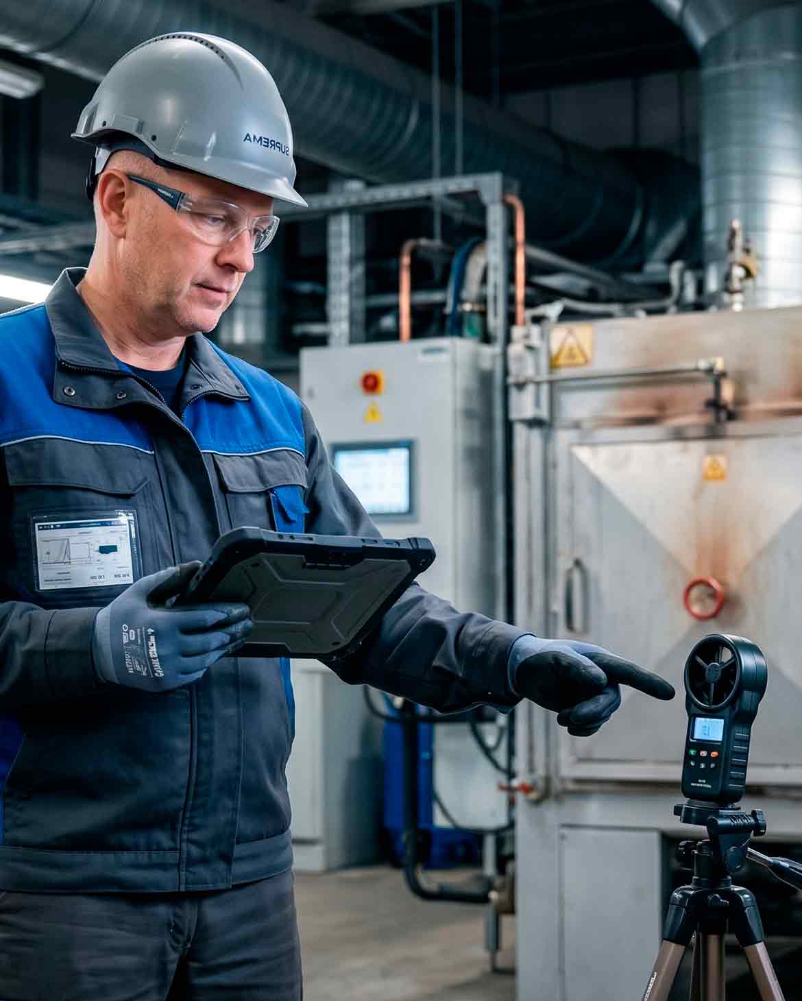 profissional de sst com capacete e tablet apontando para um anemometro em frente a um equipamento industrial para avaliar o fluxo de calor convectivo no ambiente