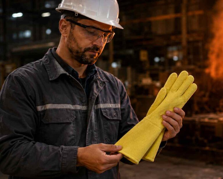 profissional de segurança inspeciona uma luva de aramida em ambiente industrial de alta temperatura