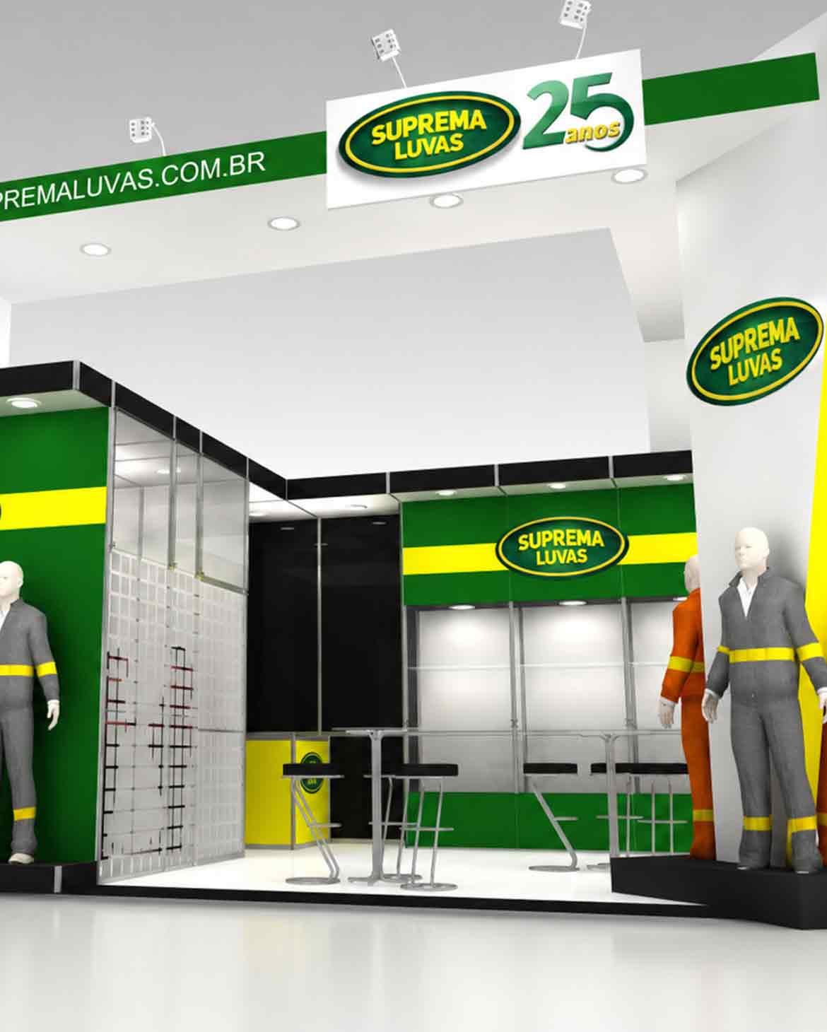 estande da suprema na fisp 2026 com exposição de vestimentas e equipamentos de proteção industrial