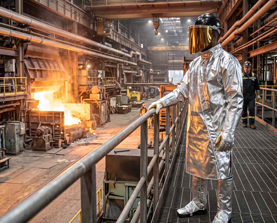 trabalhador com epi aluminizado em área de alta temperatura representando riscos na siderurgia