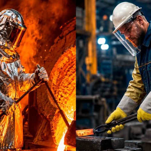 montagem com dois trabalhadores em ambiente siderúrgico. à esquerda, um trabalhador vestindo uma vestimenta aluminizada, lidando com metal fundido. à direita, um trabalhador usa capacete, protetor facial, jaqueta azul e luvas de aramida segurando uma barra de metal quente com uma tenaz. a imagem ilustra visualmente a escolha entre epis aluminizado ou aramida para proteção térmica.