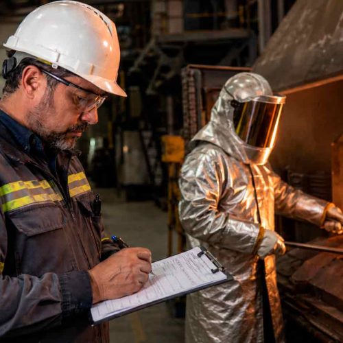 profissional de sst com prancheta realizando inspecao de nr 28 em trabalhador usando EPIs aluminizados em forno industrial