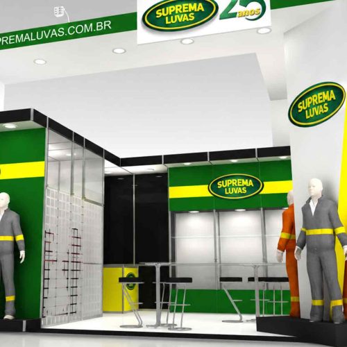 estande da suprema na fisp 2026 com exposição de vestimentas e equipamentos de proteção industrial