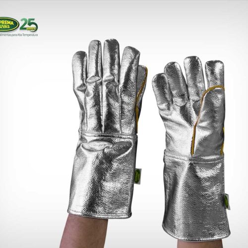 Par de luva aluminizada para proteção contra calor radiante, mostrando o material refletivo que cobre as mãos e antebraços