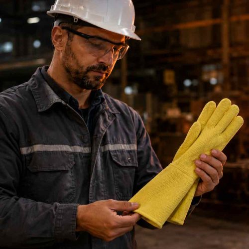 profissional de segurança inspeciona uma luva de aramida em ambiente industrial de alta temperatura