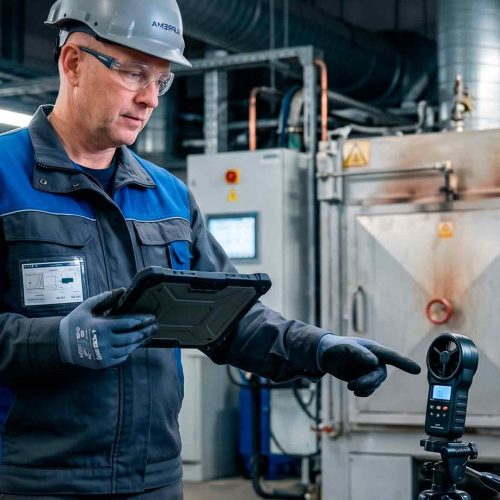 profissional de sst com capacete e tablet apontando para um anemometro em frente a um equipamento industrial para avaliar o fluxo de calor convectivo no ambiente