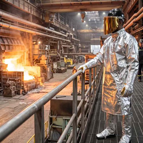trabalhador com epi aluminizado em área de alta temperatura representando riscos na siderurgia